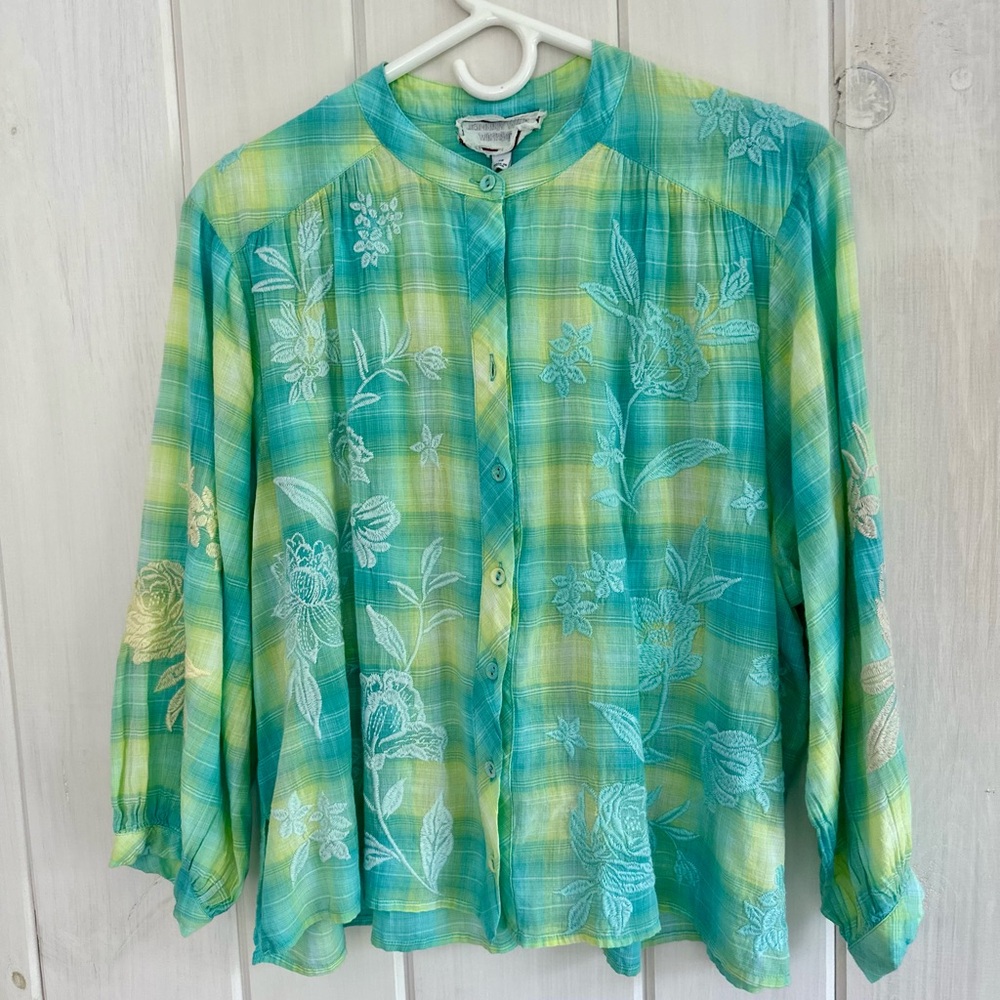 Johnny Was Turquoise and Lime Plaid Hazel Shirred Yoke Blouse XS NWT